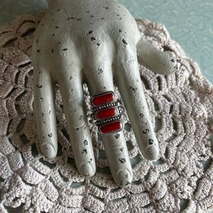 3 Stone Coral and Sterling Silver Ring, size 5